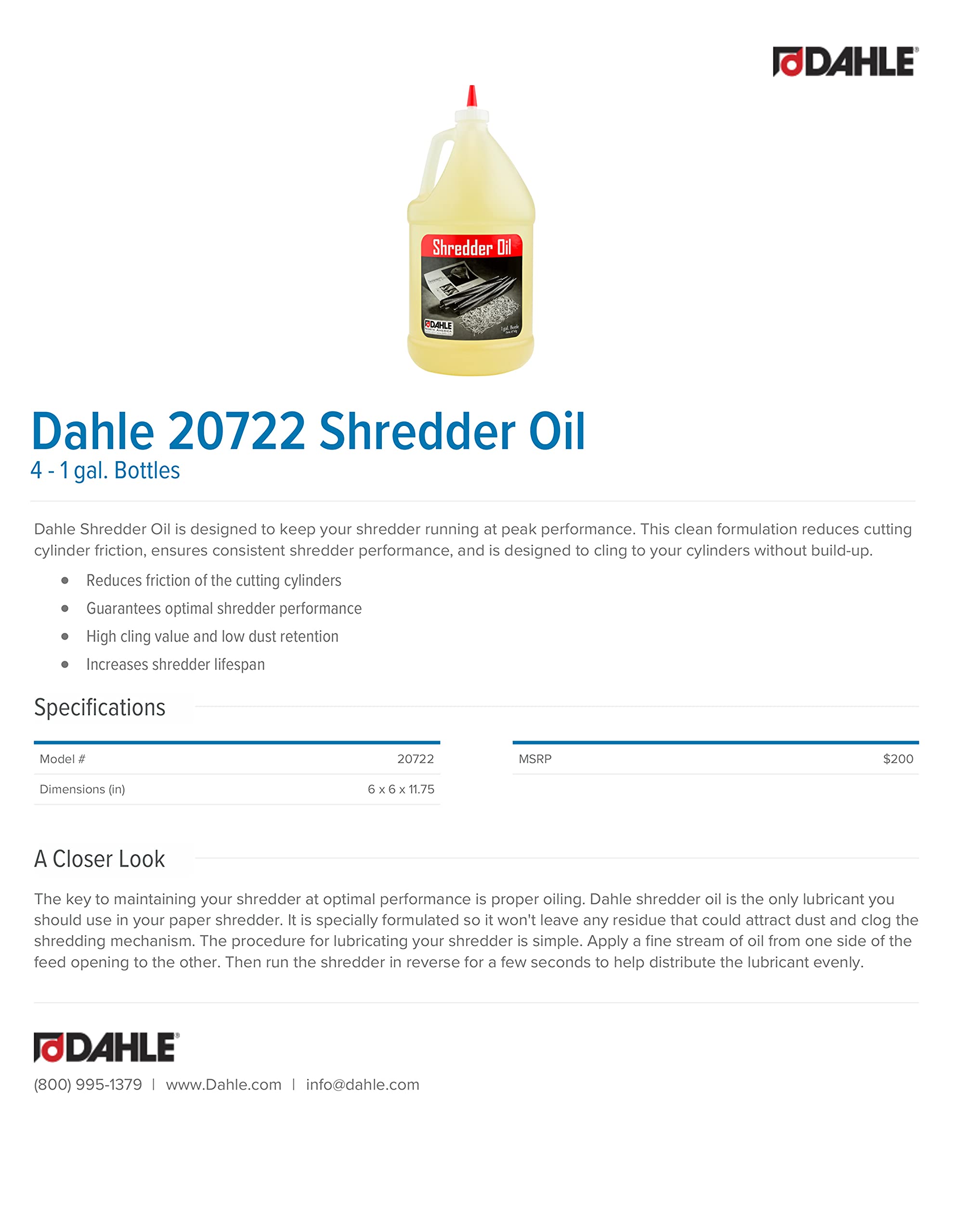 Dahle Shredder Oil Reduces Friction And Optimizes Performance In Paper Shredders, For Use In All Shredders, 4   1 Gal. Bottles